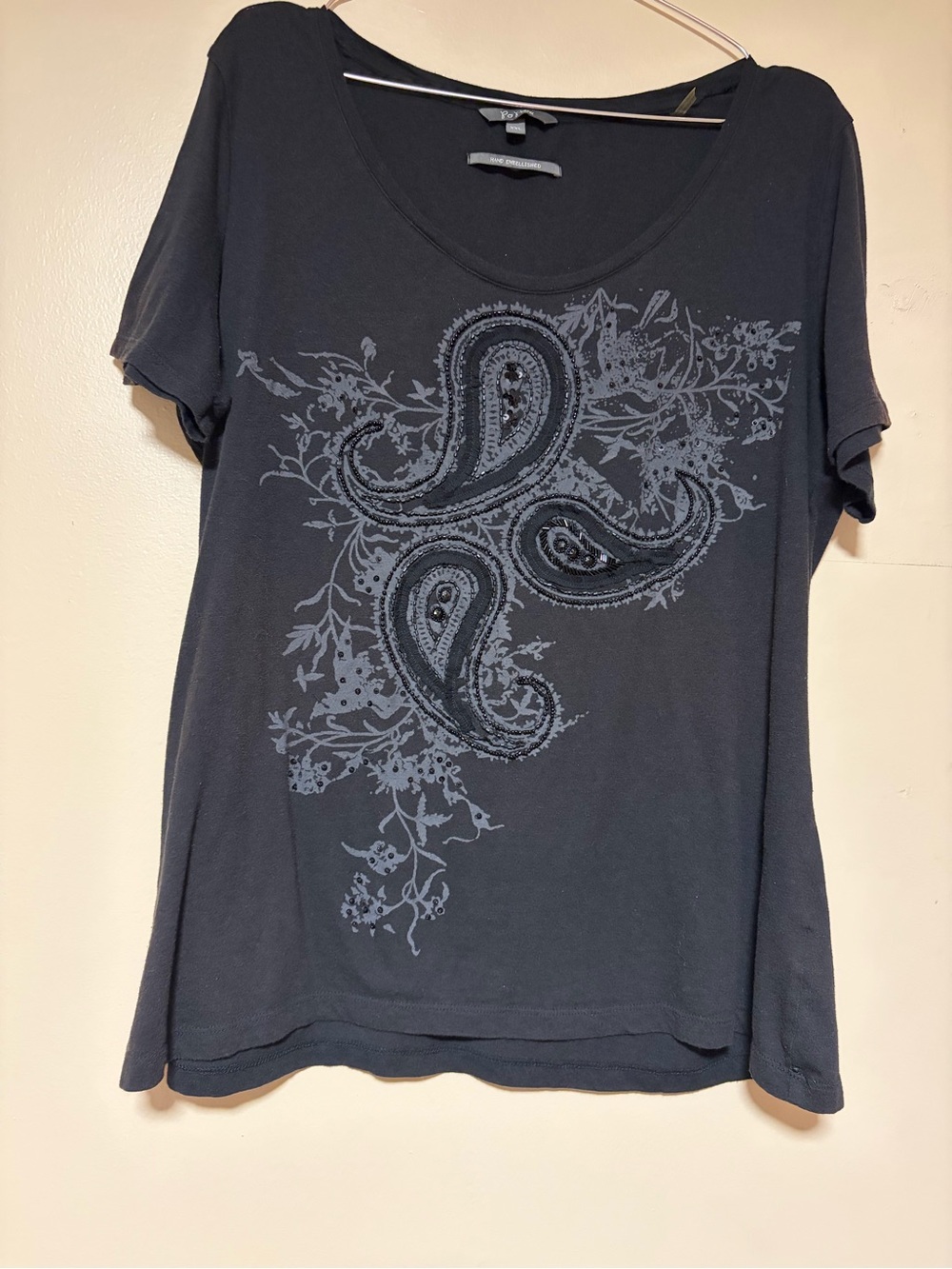 Po Pori Black Paisley Hand Embellished Graphic Tee Shirt XXL